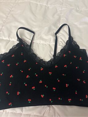 Black Lace Trim Cherry Print Bralette